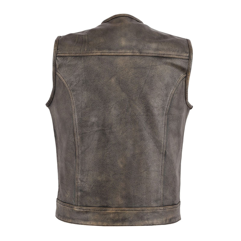 Distressed Brown Collarless Leather Vest