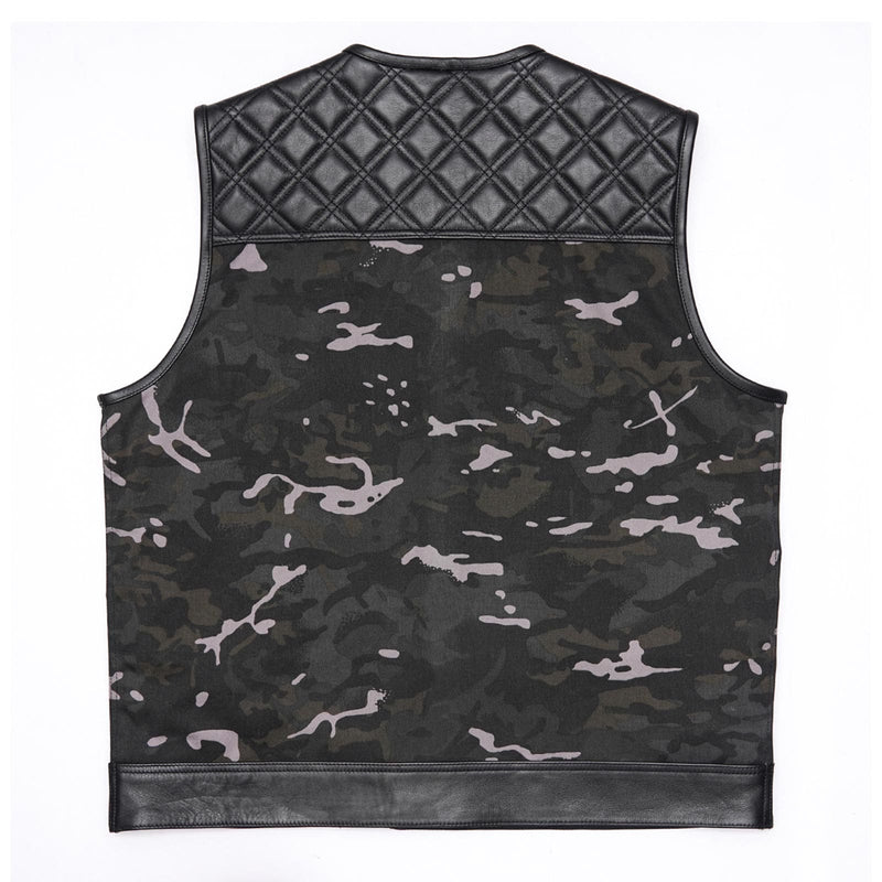 Ride in Style: Black Leather Biker Vest with Camo Flair