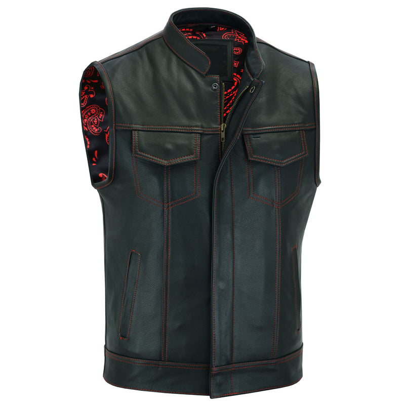 Men’s Black Leather Biker vest with Paisley Liner / Motorcycle Vest