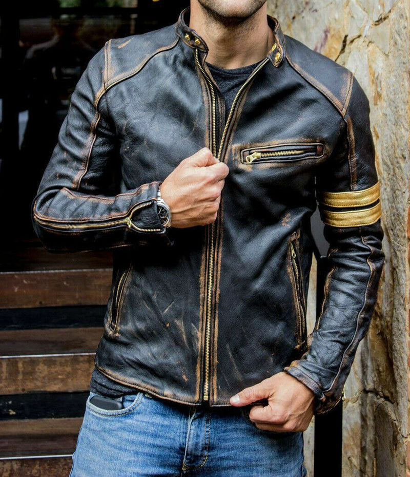 Men's Vintage Distressed Leather Jacket – Classic Brown Biker with Gold Accents