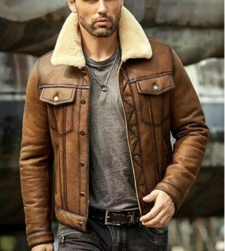 MEN' s Brown Faux Leather Aviator Jacket with Fur Collar