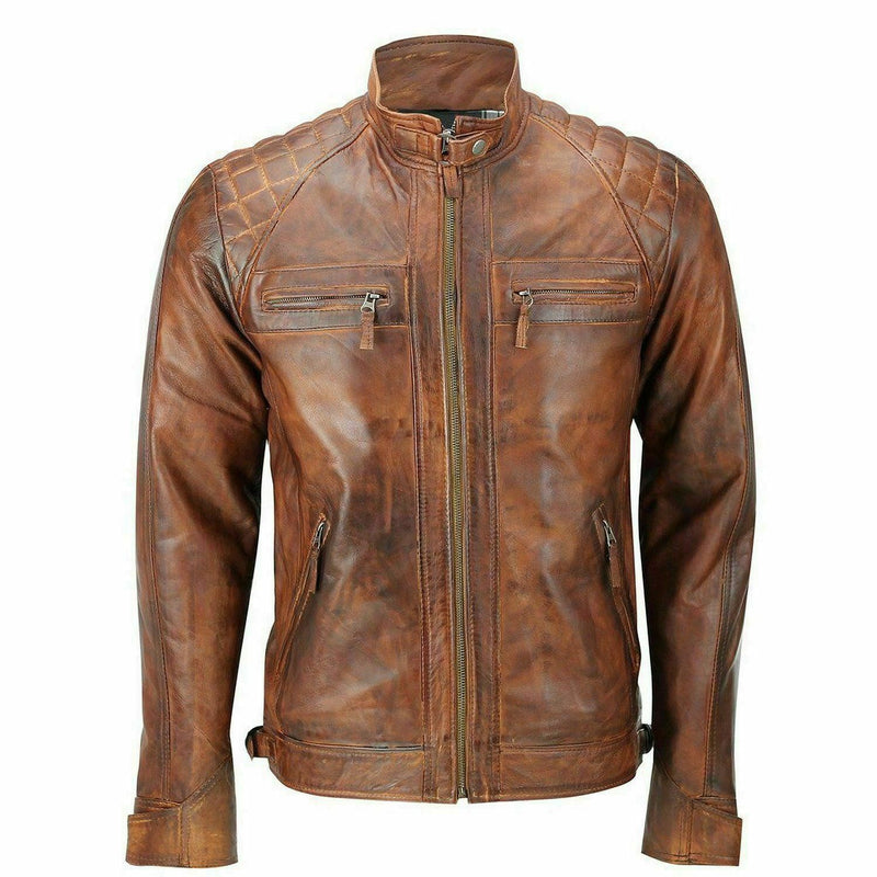 Brown Leather Biker Jacket With Shoulder Panel and double pocket style