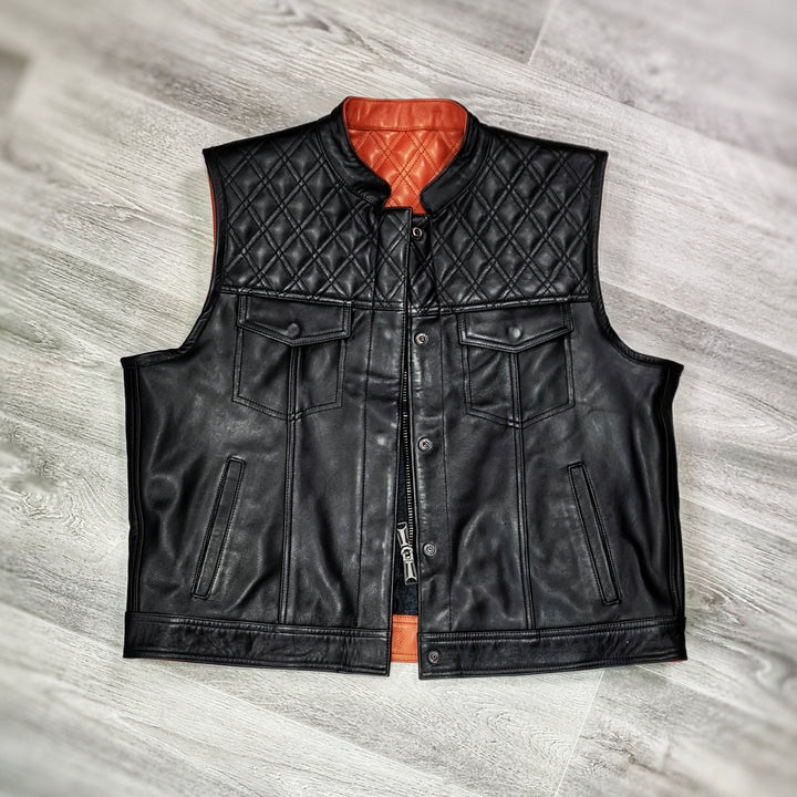 Orange black double-Sided Leather Biker Vest – Versatile Style, Ultimate Durability