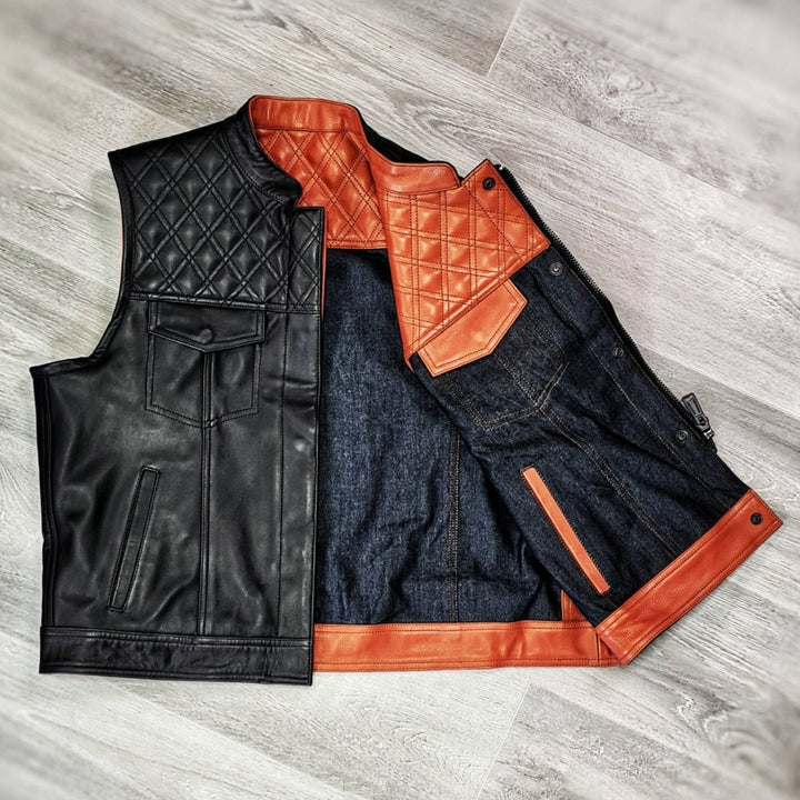 Orange black double-Sided Leather Biker Vest – Versatile Style, Ultimate Durability