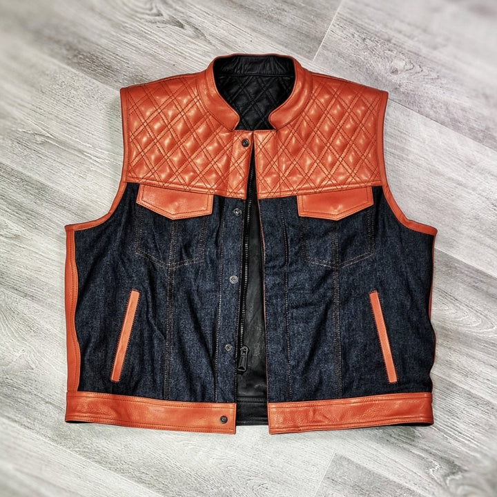 Orange black double-Sided Leather Biker Vest – Versatile Style, Ultimate Durability