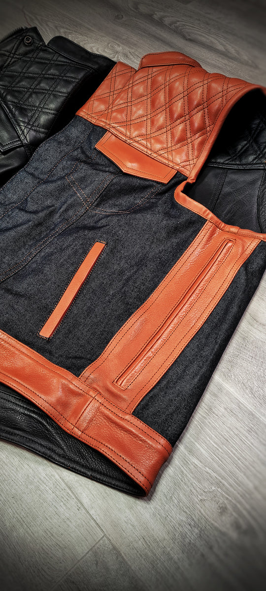 Orange black double-Sided Leather Biker Vest – Versatile Style, Ultimate Durability