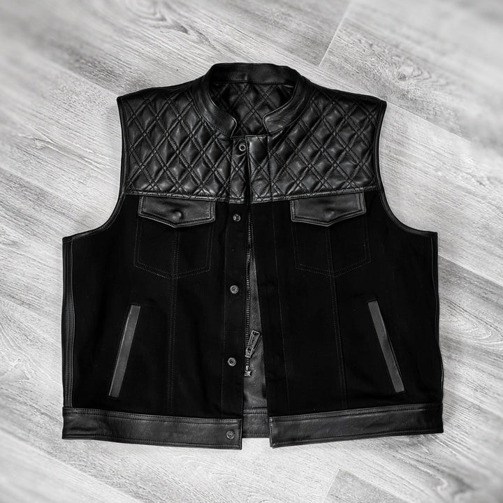 Black Leather and Canvas Biker Vest – Rugged Style with Modern Durability