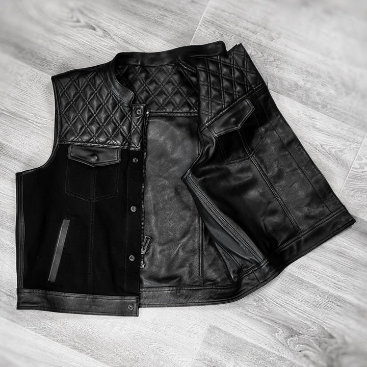 Black Leather and Canvas Biker Vest – Rugged Style with Modern Durability