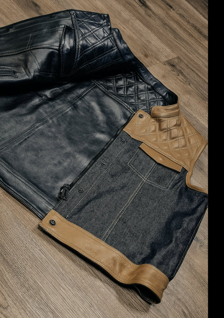 "Revolutionize Your Ride: Dual-Sided Camel & Black Leather Biker Vest"