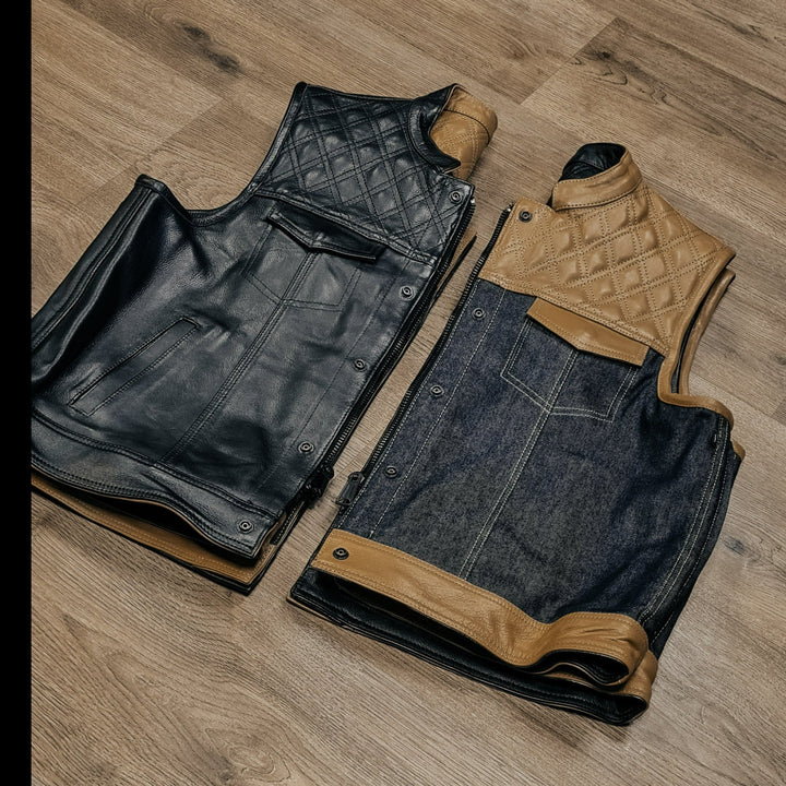 "Revolutionize Your Ride: Dual-Sided Camel & Black Leather Biker Vest"