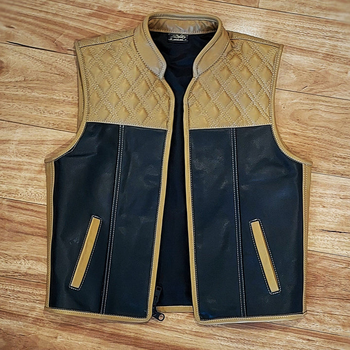 "Revolutionize Your Ride: Dual-Sided Camel & Black Leather Biker Vest"