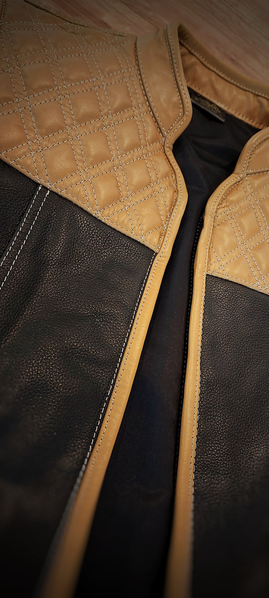 "Revolutionize Your Ride: Dual-Sided Camel & Black Leather Biker Vest"