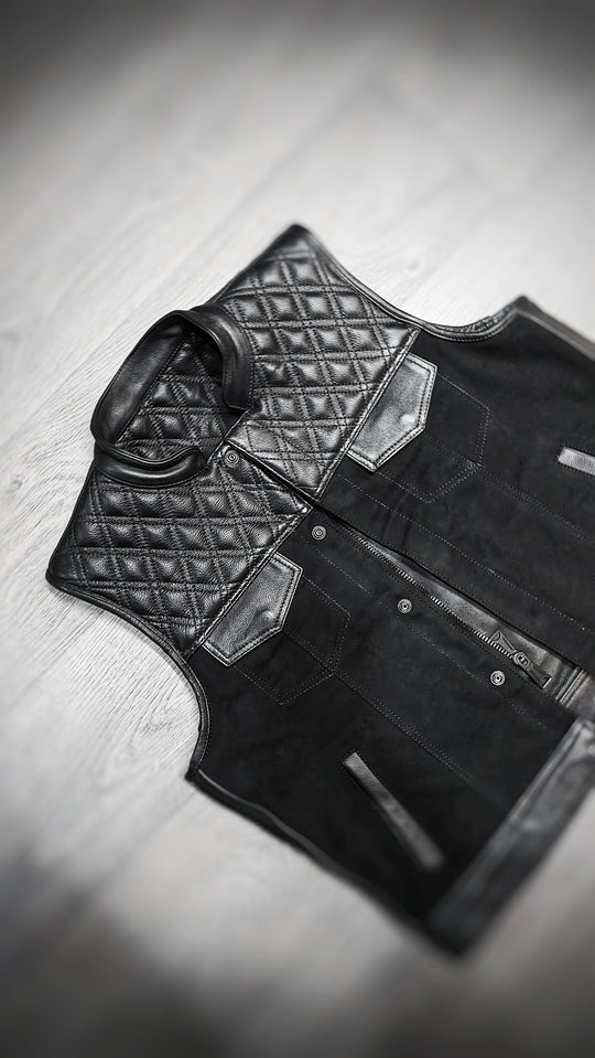 "Blackout Classic: Leather and Canvas Biker Vest"