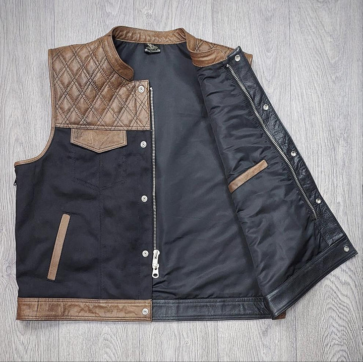 "Urban Contrast: Black Canvas & Brown Leather Biker Vest"