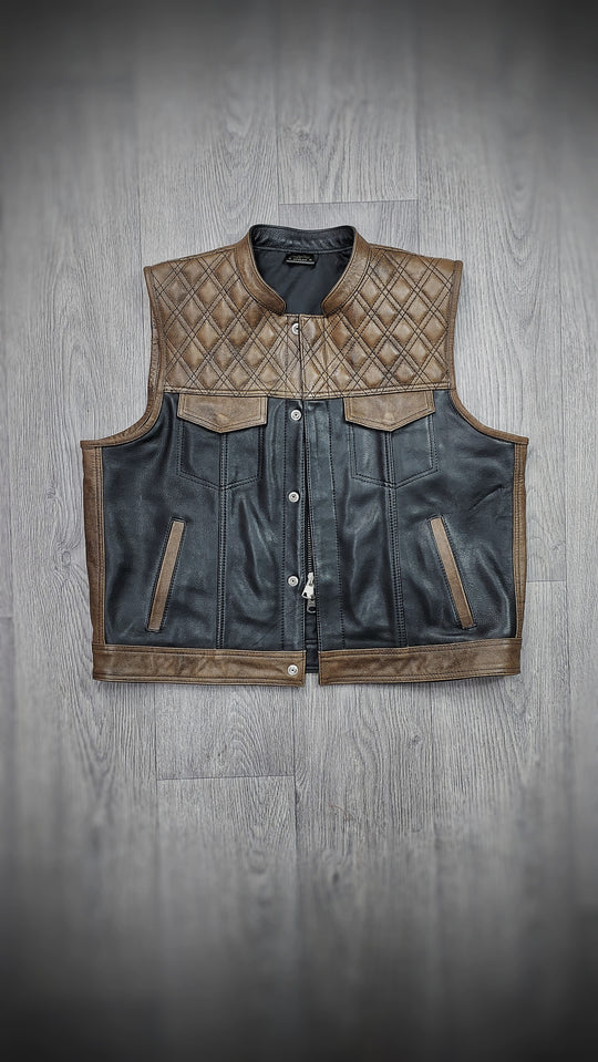 "Urban Contrast: Black Canvas & Brown Leather Biker Vest"