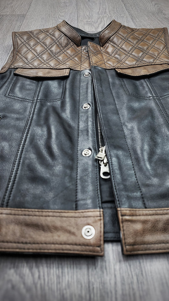 "Urban Contrast: Black Canvas & Brown Leather Biker Vest"