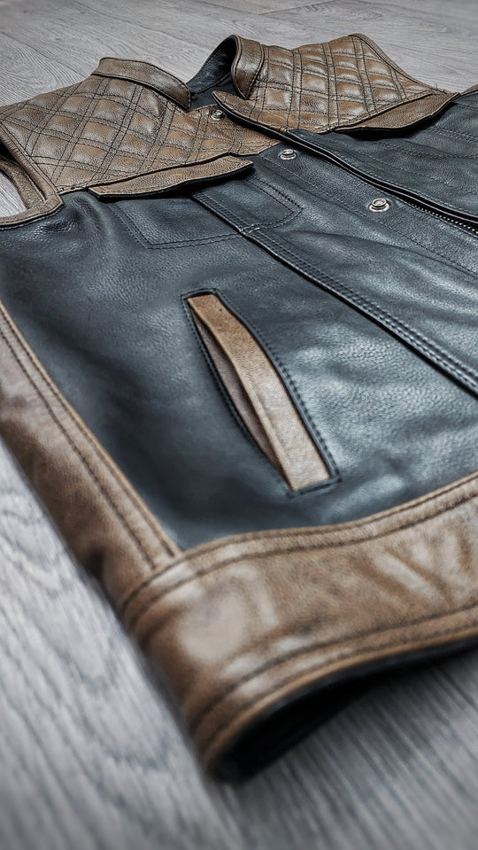 "Urban Contrast: Black Canvas & Brown Leather Biker Vest"