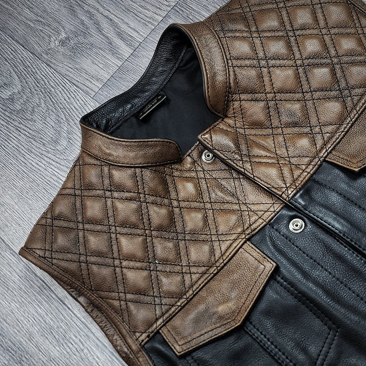 "Urban Contrast: Black Canvas & Brown Leather Biker Vest"