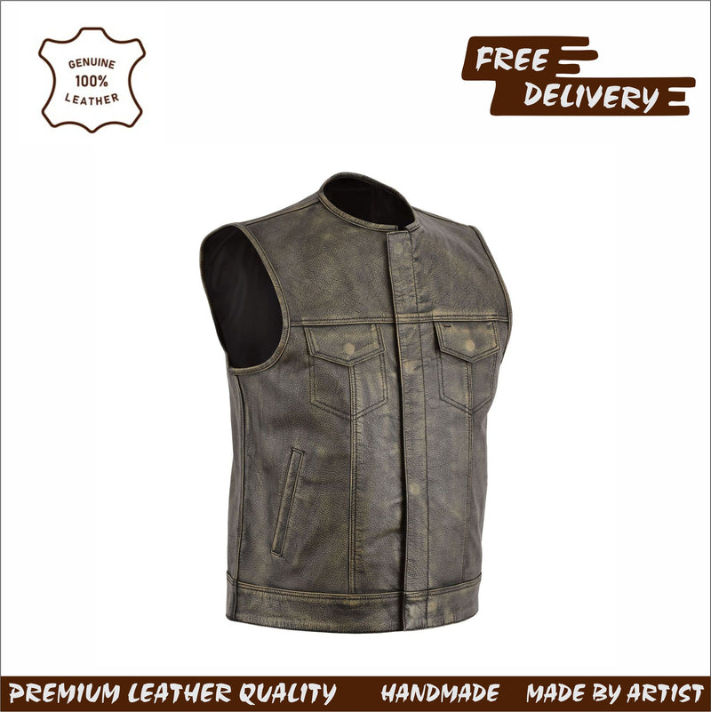 Distressed Brown Collarless Leather Vest