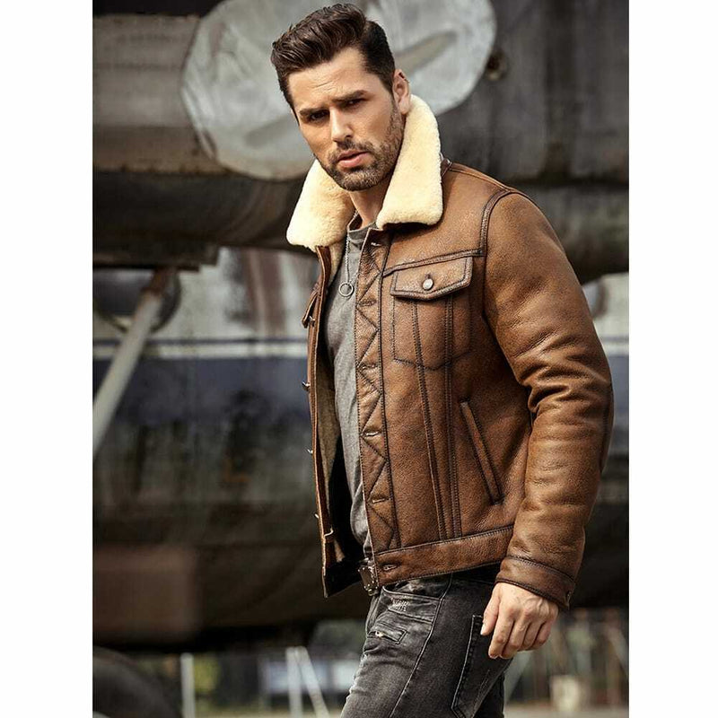 MEN' s Brown Faux Leather Aviator Jacket with Fur Collar