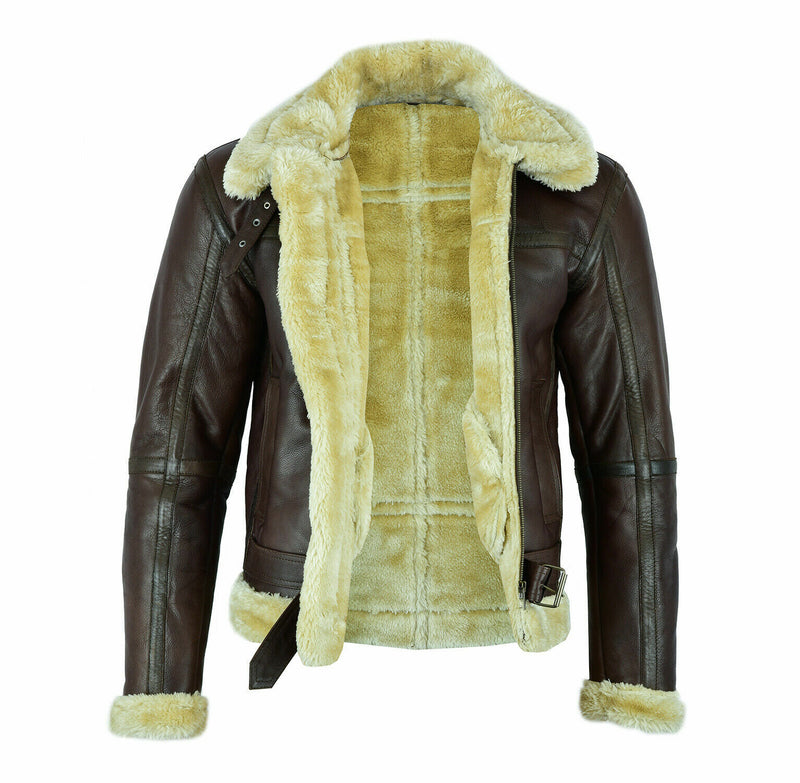 MEN' s Brown Faux Leather Aviator Jacket with Fur Collar