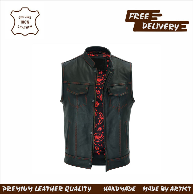 Men’s Black Leather Biker vest with Paisley Liner / Motorcycle Vest