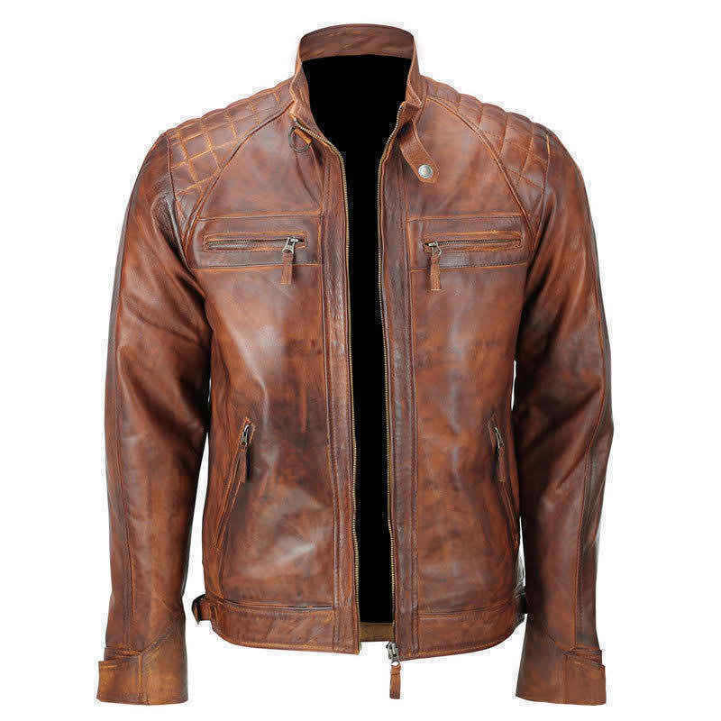 Brown Leather Biker Jacket With Shoulder Panel and double pocket style