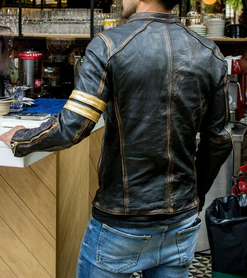 Men's Vintage Distressed Leather Jacket – Classic Brown Biker with Gold Accents