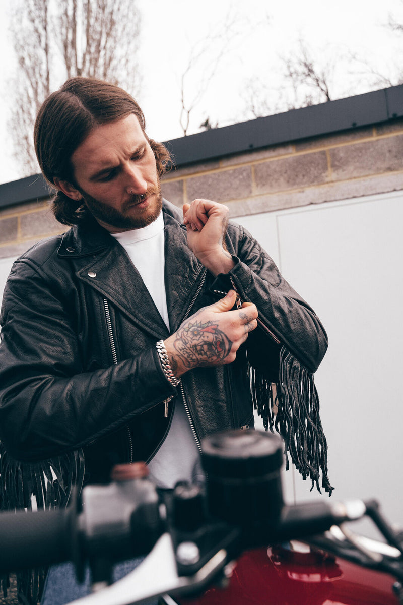 Classic Black Leather Biker Jacket with Fringe Accents