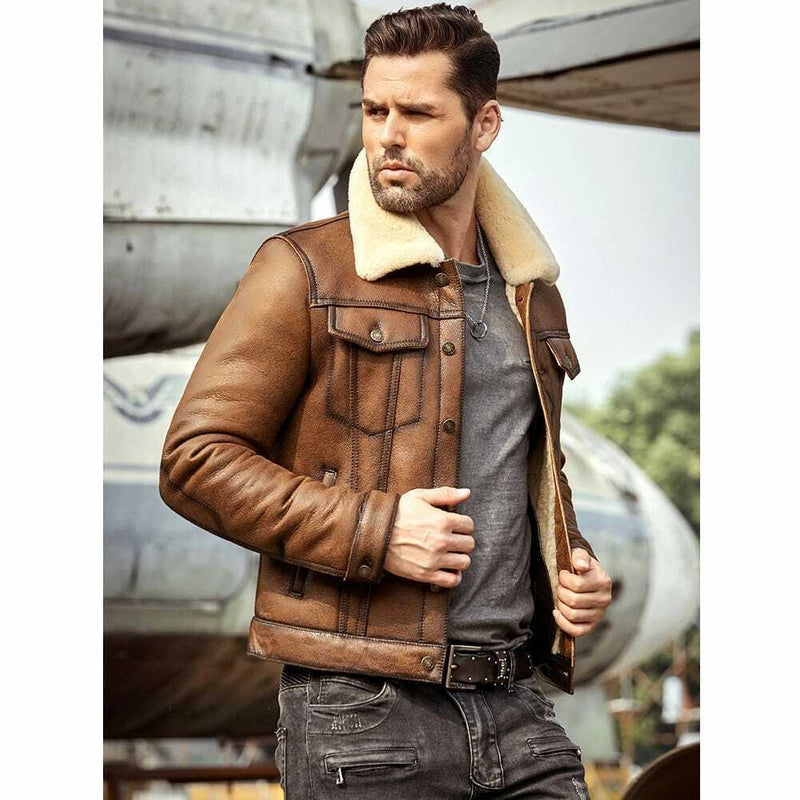 MEN' s Brown Faux Leather Aviator Jacket with Fur Collar