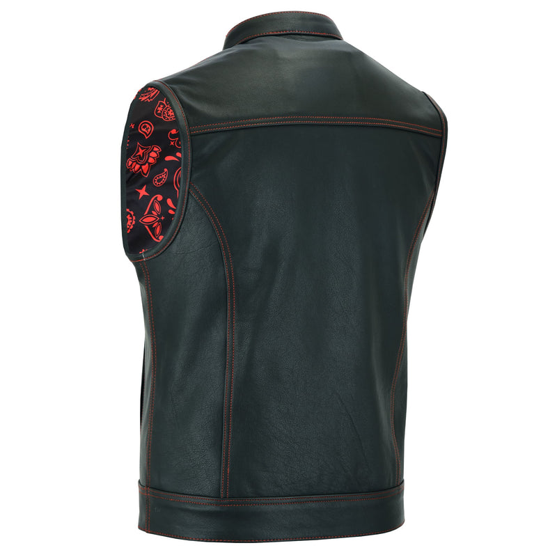 Men’s Black Leather Biker vest with Paisley Liner / Motorcycle Vest