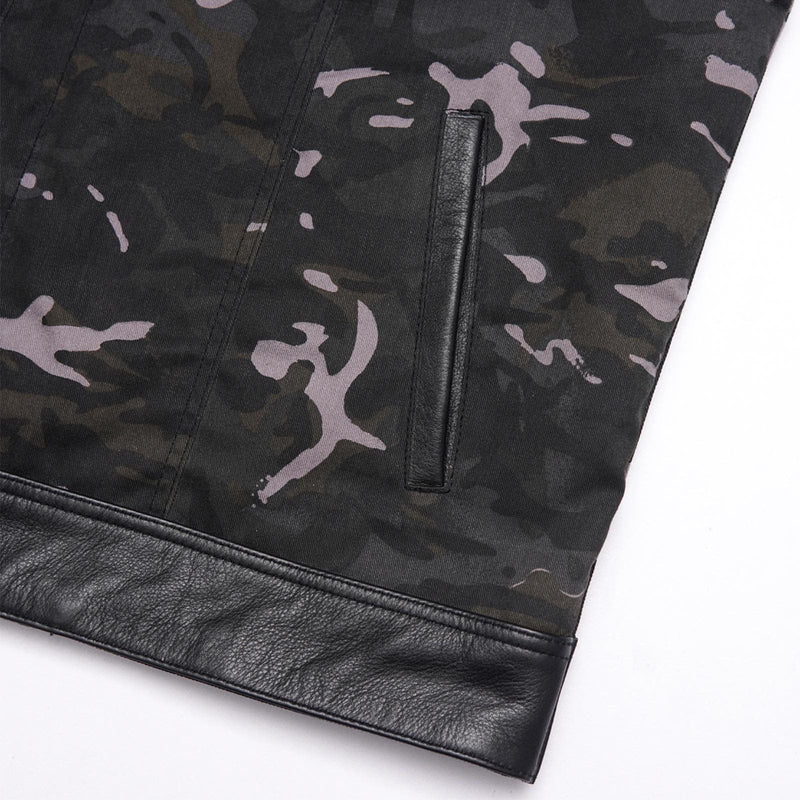 Ride in Style: Black Leather Biker Vest with Camo Flair