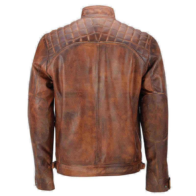 Brown Leather Biker Jacket With Shoulder Panel and double pocket style