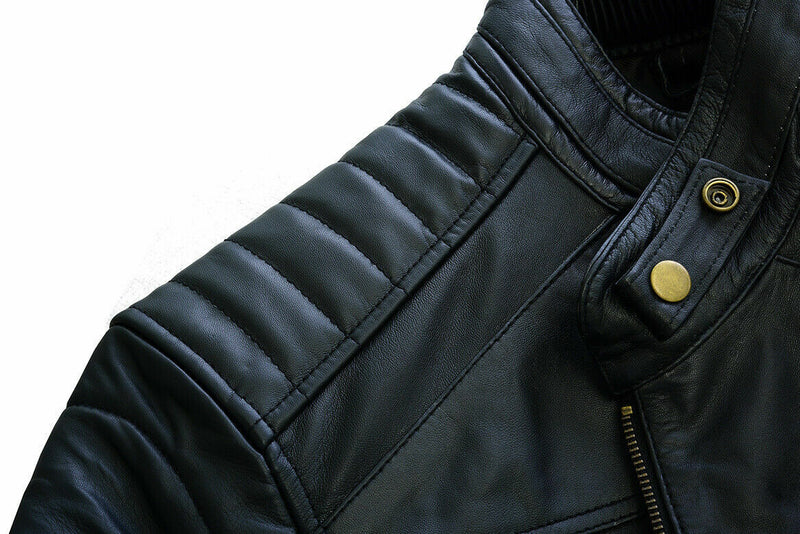 Black Leather Biker Jacket With Shoulder Panel