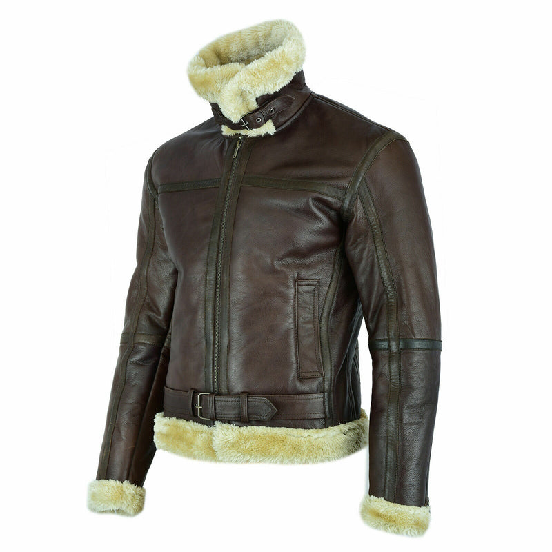 MEN' s Brown Faux Leather Aviator Jacket with Fur Collar