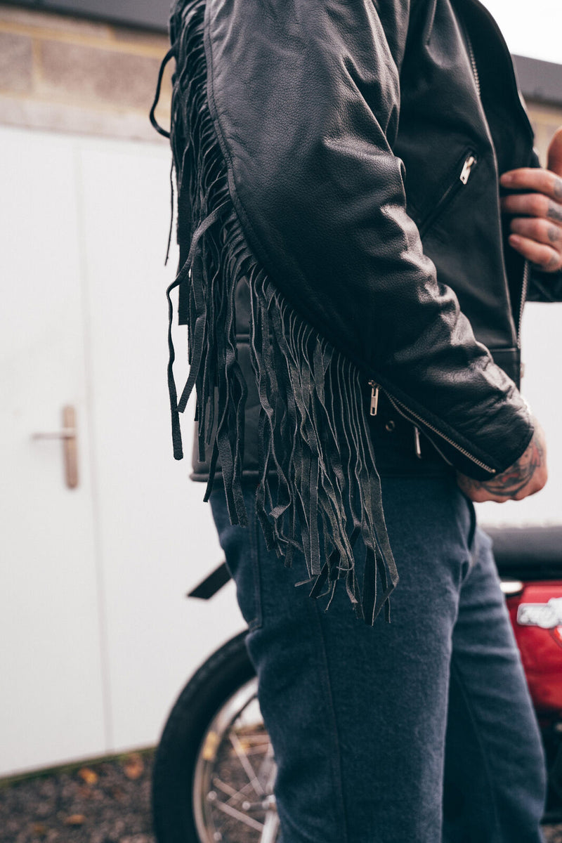 Classic Black Leather Biker Jacket with Fringe Accents