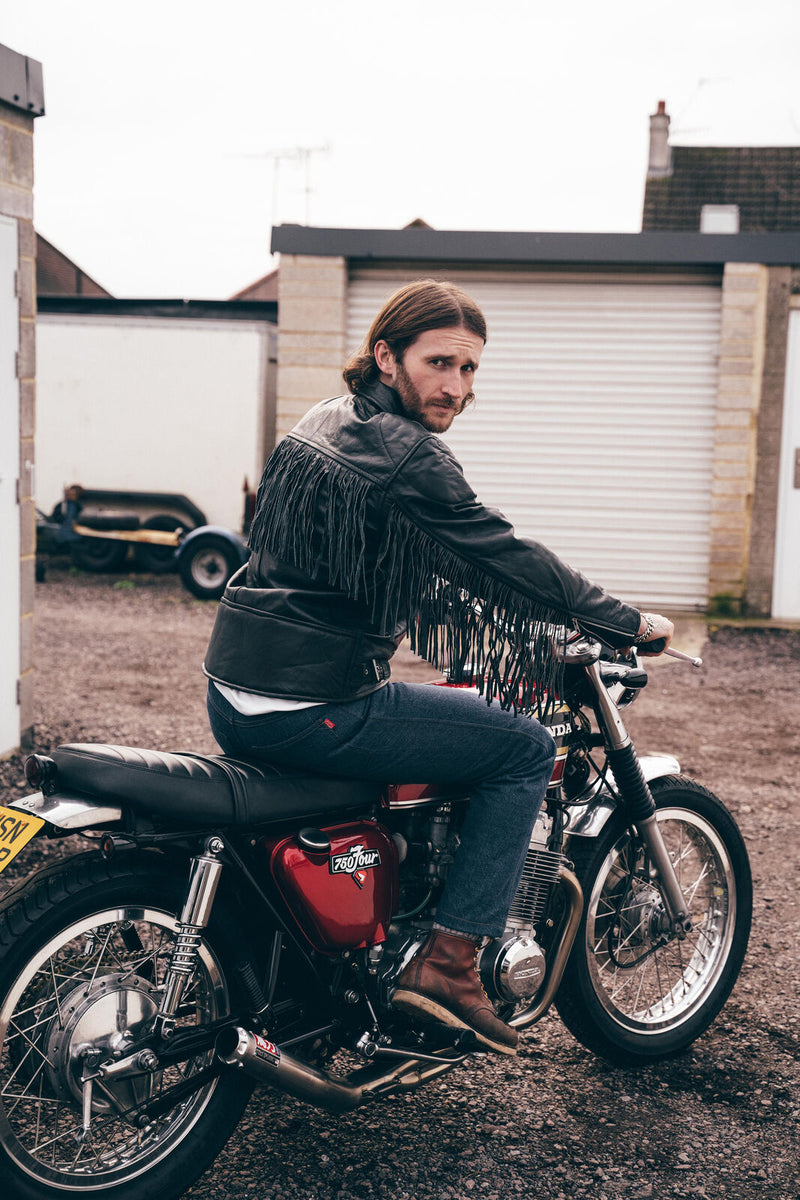 Classic Black Leather Biker Jacket with Fringe Accents