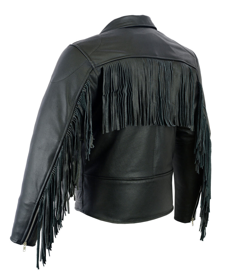 Classic Black Leather Biker Jacket with Fringe Accents