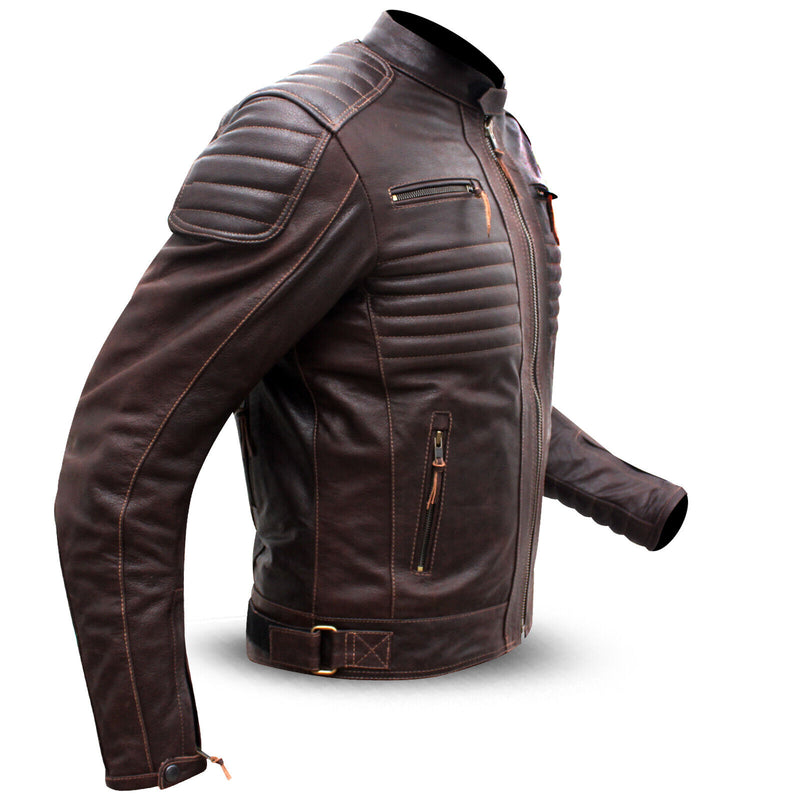 Men's Vintage Brown Leather Biker Jacket – Classic Moto Style with Quilted Detailing