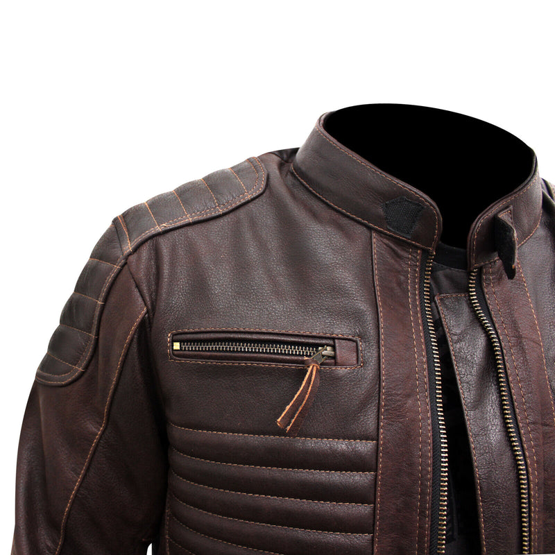 Men's Vintage Brown Leather Biker Jacket – Classic Moto Style with Quilted Detailing