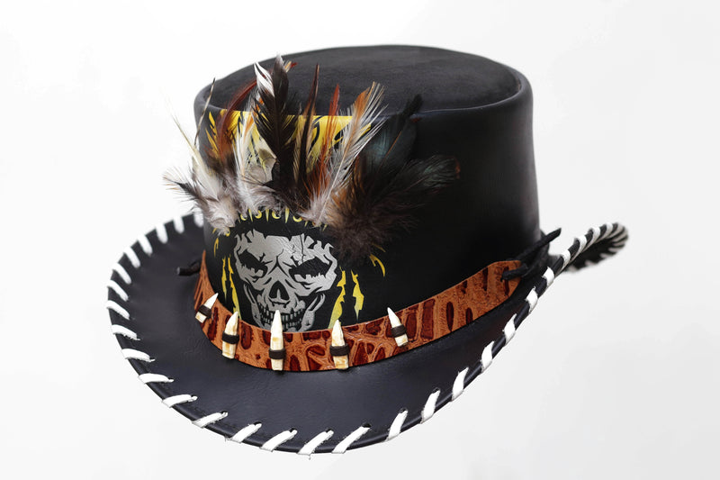 "Skull-Style Leather Hat with White Laces"