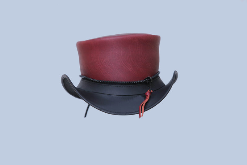 Red and Black Leather Zippered Top Hat with Accent Laces