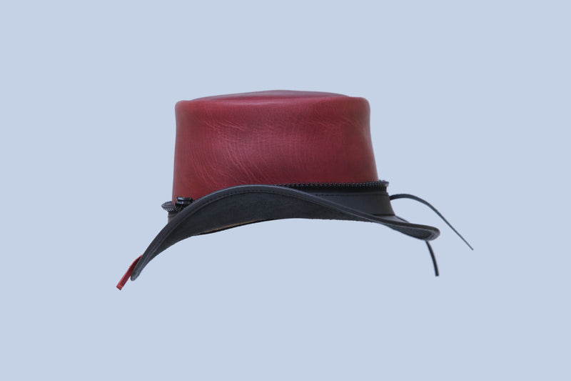 Red and Black Leather Zippered Top Hat with Accent Laces