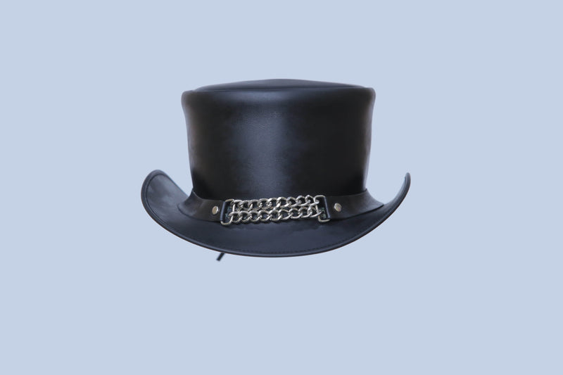 Black Leather Top Hat with Chain Link Accent