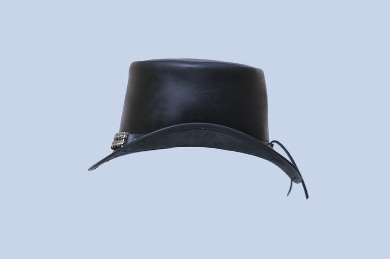 Black Leather Top Hat with Chain Link Accent