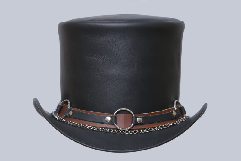 "Circle of Cool: Black Leather Hat with Iconic Metal Ring"