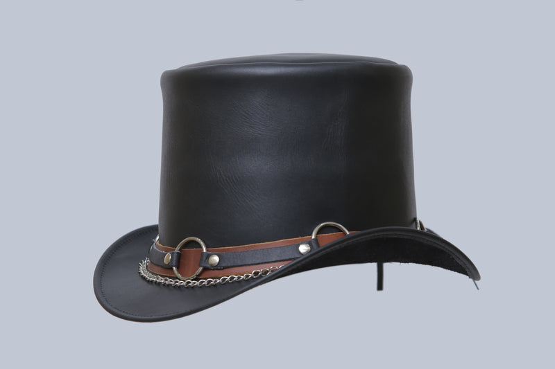 "Circle of Cool: Black Leather Hat with Iconic Metal Ring"