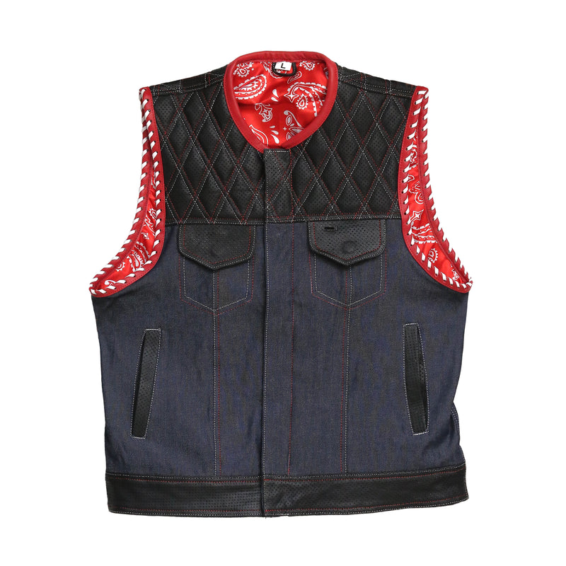 Denim Black And Red Biker Vest