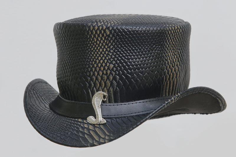 Black Leather Hat with Cobra style