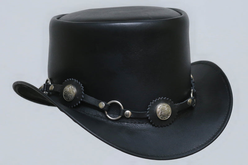 Black leather hat With Ring and Metal Logo